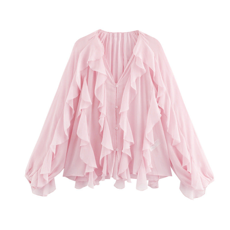 Chic Ruffle V-Neck Spring Blouse