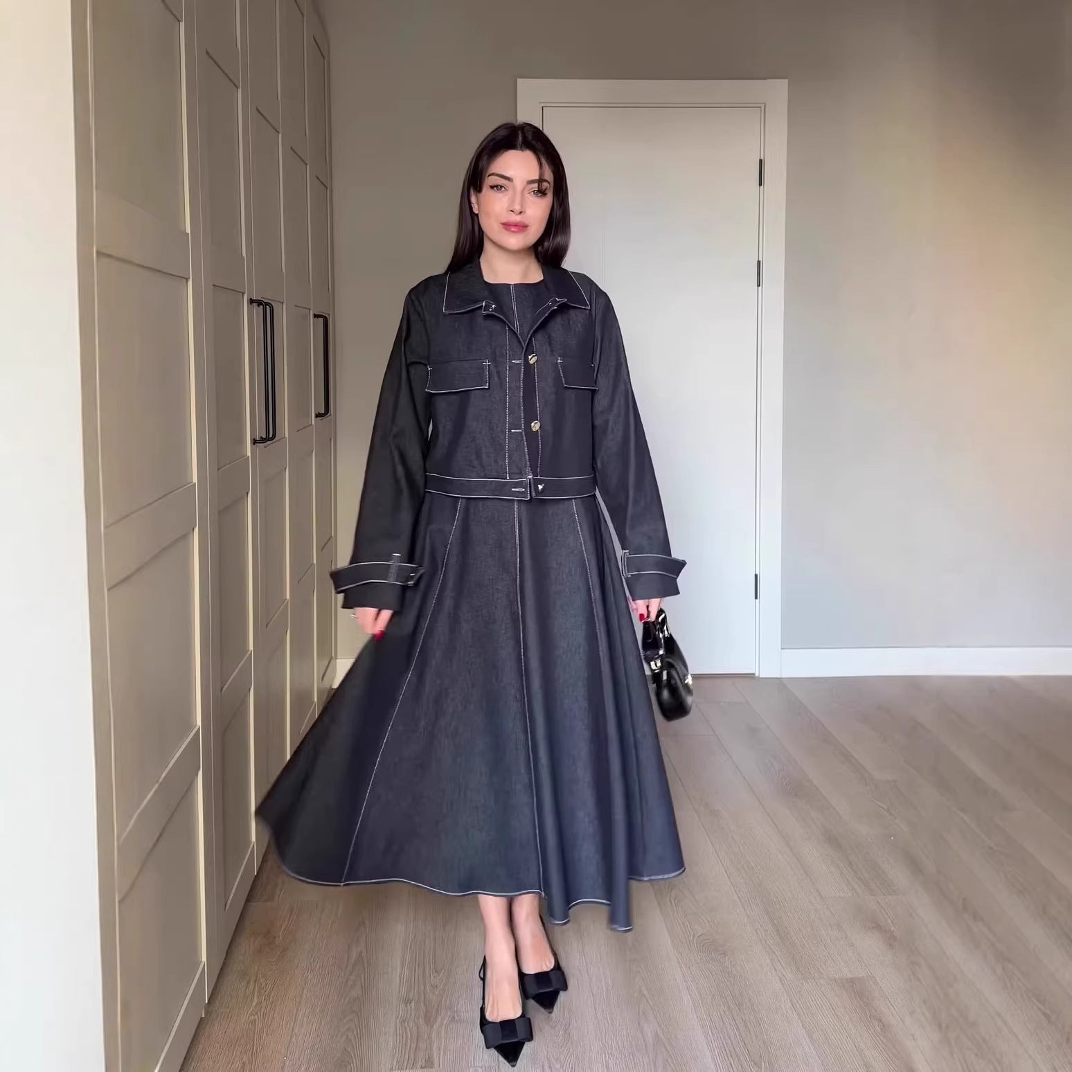 Retro Denim Maxi Dress Set