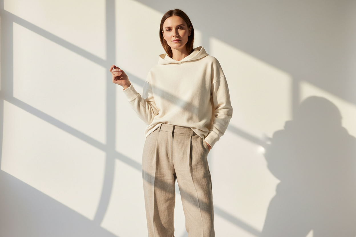 A 28–35-year-old woman wearing relaxed-fit clothing, soft oversized knit top and loose tailored pants, neutral tones, natural fabric texture, standing in a bright modern apartment with large windows, natural daylight, minimal lifestyle setting, effortless posture, calm expression, premium casual style, European lifestyle aesthetic, high-quality fashion photography, clean background, warm and soft lighting, realistic proportions, editorial fashion look.
白底图，穿着卫衣
