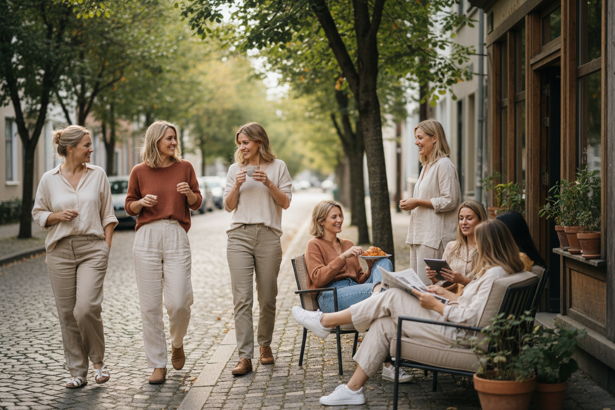 A candid lifestyle scene of diverse women enjoying a relaxed weekend morning, wearing casual comfortable outfits, walking slowly through a quiet neighborhood or sitting outside a café, natural sunlight, soft tones, effortless mood, real life feeling, no posing, no direct eye contact, modern editorial photography style.