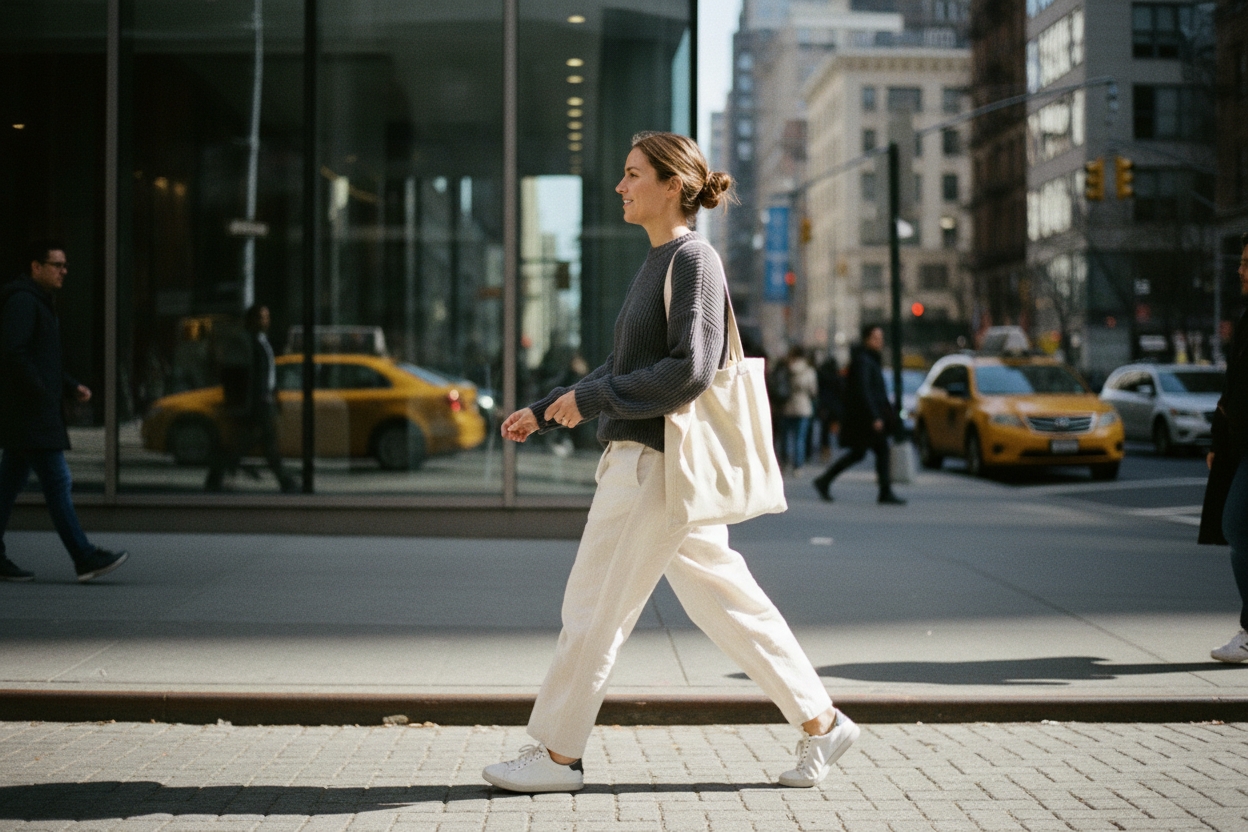 A candid urban lifestyle photo of a woman casually walking through the city streets, wearing relaxed everyday outfits, natural movement, neutral colors, modern city background, effortless confidence, real street style, no posing, lifestyle editorial photography.