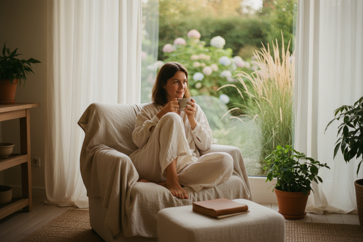 A slow living lifestyle image of a woman enjoying a quiet moment, sitting by a window or outdoors, wearing soft comfortable clothing, warm natural light, peaceful atmosphere, calm emotions, cozy and authentic mood, minimal styling, cinematic lifestyle photography.真实一点