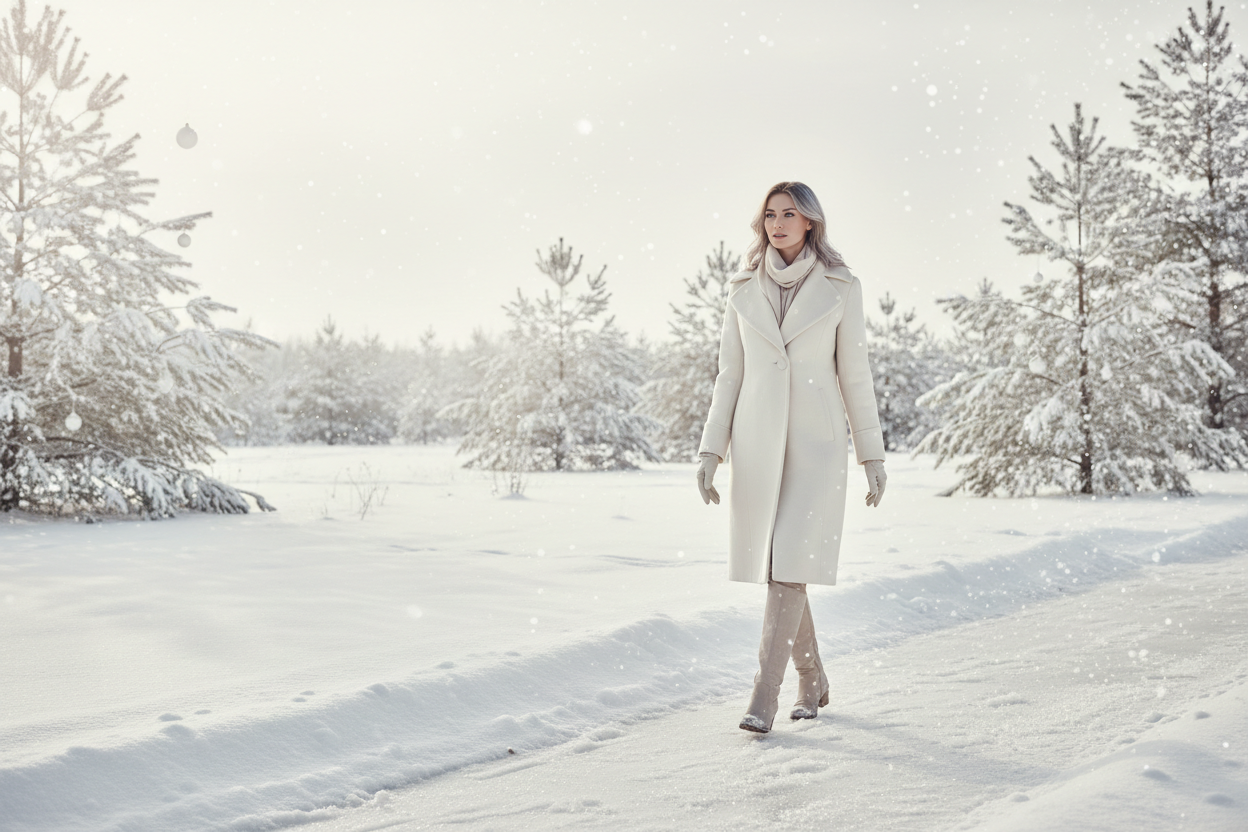During the winter Christmas season, a 30-year-old woman wearing a wool coat can cope with the snow on the snowfield with ease. The overall style of the picture leans towards off white
.
